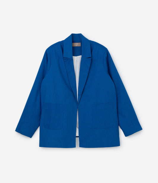 Blazer de algodão e linho com forro listrado e bolsos de remendo, Curve e Plus Size, azul