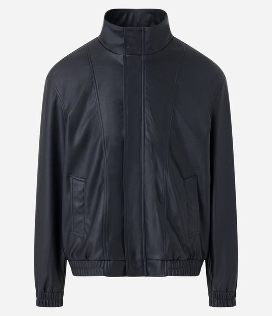 Jaqueta Bomber PU preta de gola alta com zíper e bolsos