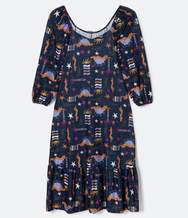 Vestido midi azul com mangas bufantes e estampa de leopardo - Curve e Plus Size