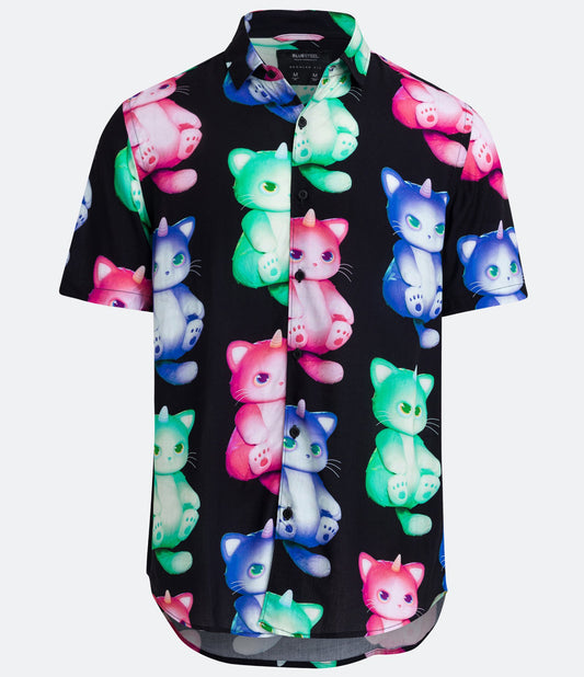 Camisa de manga curta de viscose com estampa de gato 3D em preto