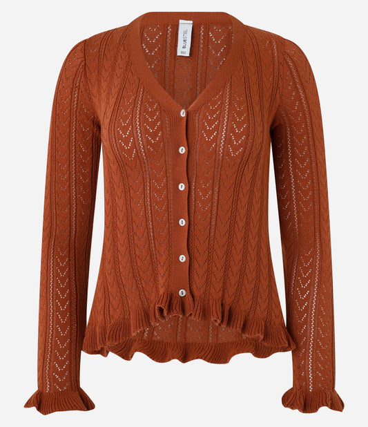 Brown Knit Blouse with Buttons and Ruffled Hem
