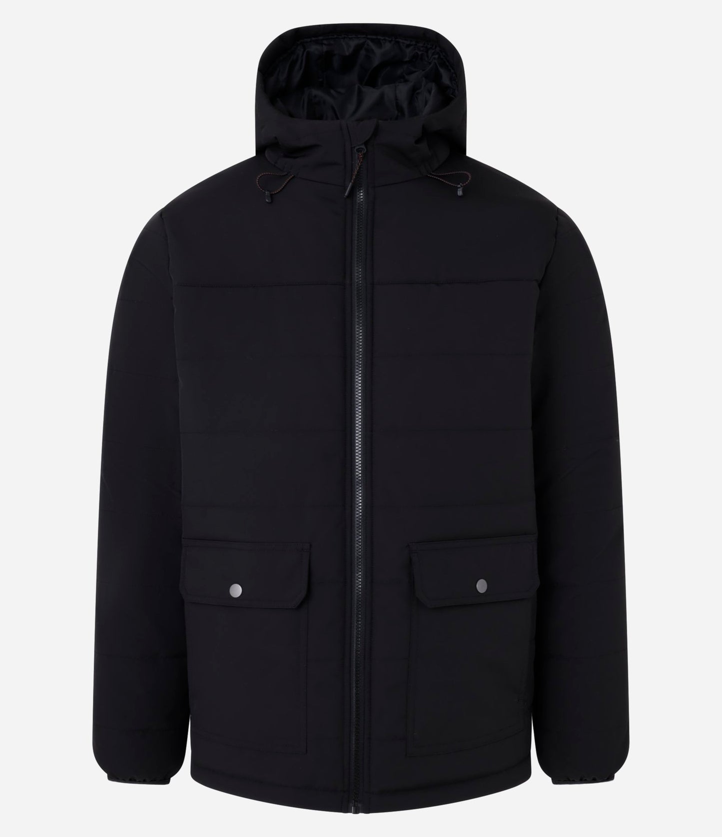 Giacca Puffer nera con cappuccio e tasche cargo