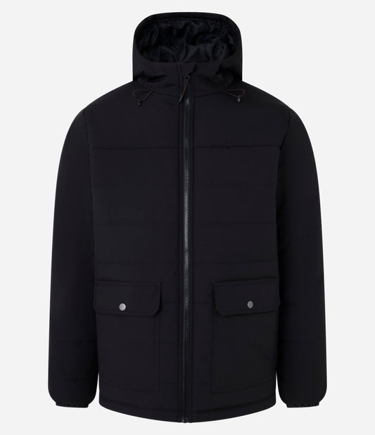 Giacca Puffer nera con cappuccio e tasche cargo
