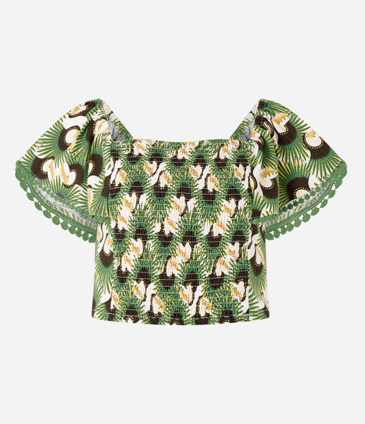 Cropped Blouse in Viscose and Linen with Smocked Detailing and Green Toucan Print
