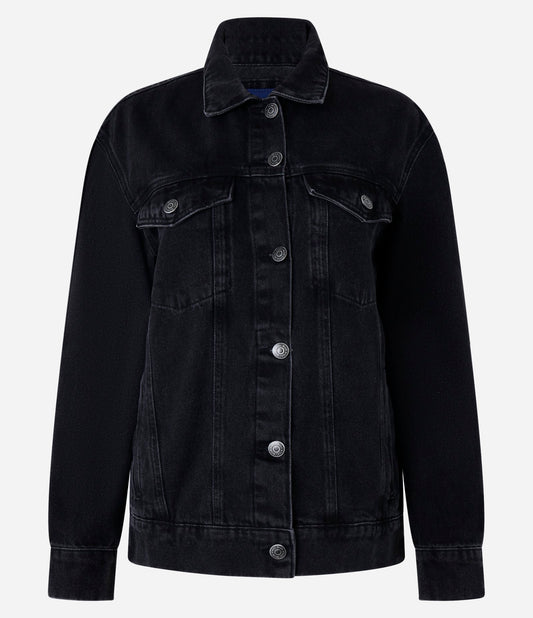 Oversized Black Denim Jacket with Front Pockets