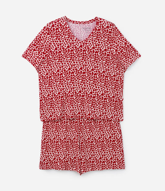 Pijama de lycra de viscose com estampa de coração, tamanho grande e curvilíneo, vermelho
