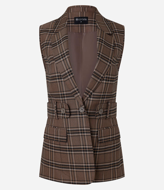 Gilet in crepe a quadri con colletto Blazer e cintura marrone incorporata