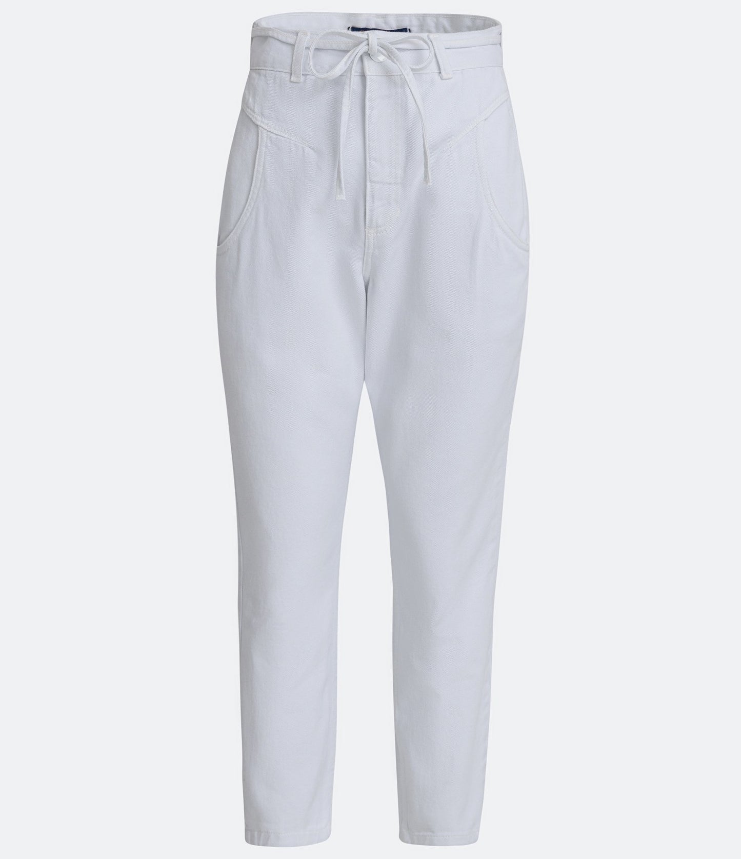 Jeans branco para mães em sarja com cinto de cordão e recortes