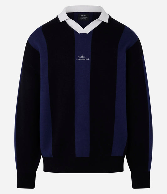 Maglione in maglia con colletto a polo e design ricamato in nero/blu