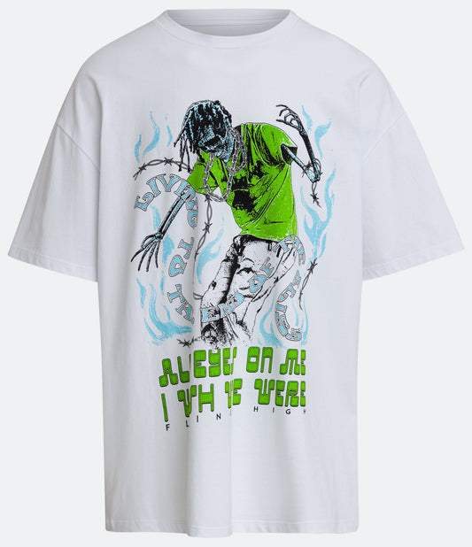 Camiseta grande de algodão com estampa de esqueleto e letras brancas