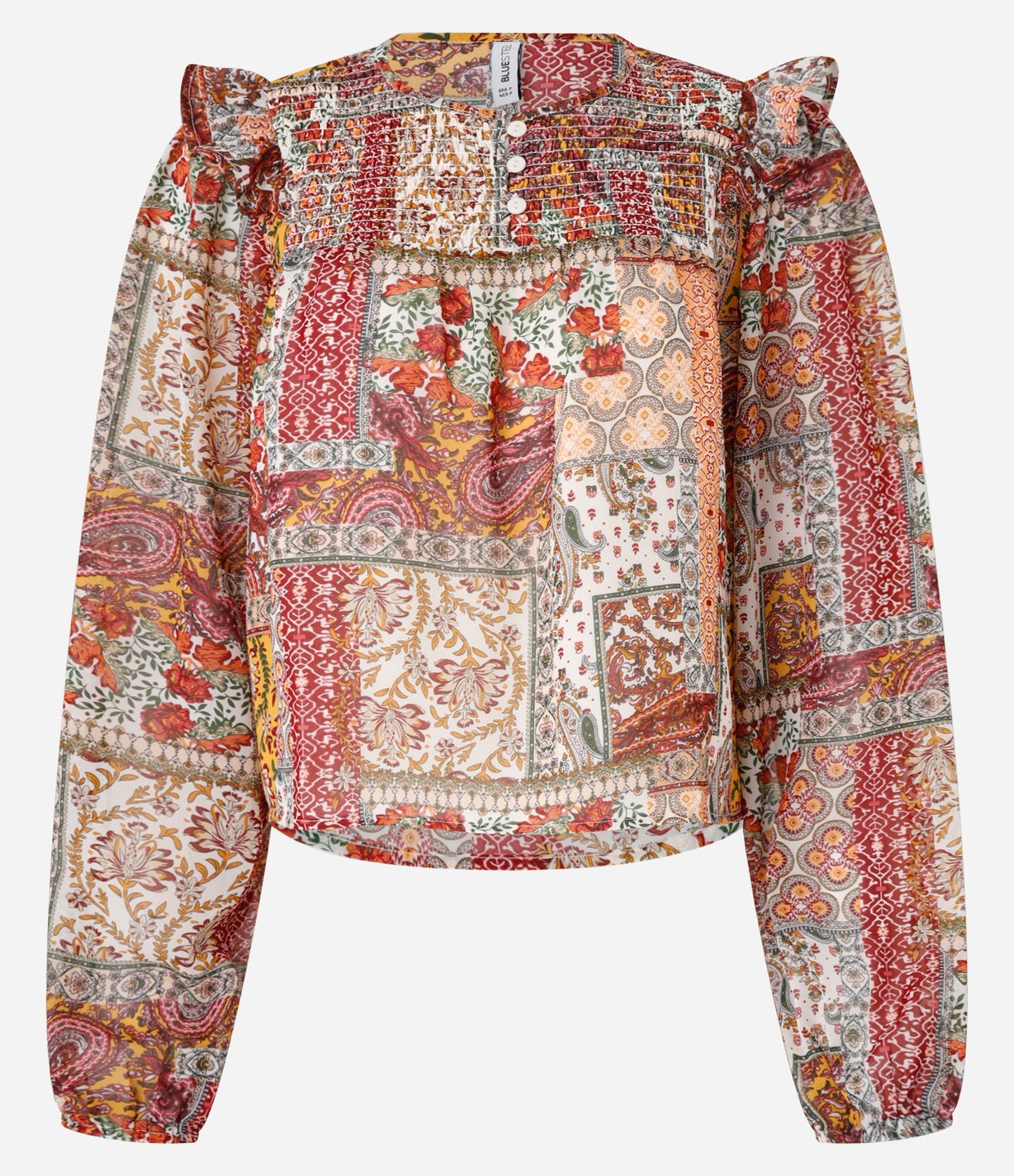 Blusa roja de gasa con estampado de parches y canesú fruncido