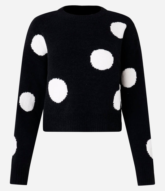 Suéter Curto de Chenille Jacquard com Ombros Caídos e Estampa de Bolinhas Pretas