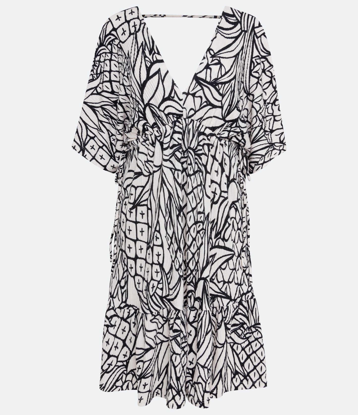Vestito corto in maglia testurizzata con maniche corte e stampa ananas bianco neve