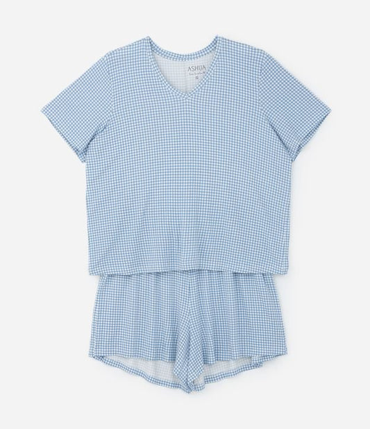 Pijama curto de viscose em xadrez azul - Curve e Plus Size