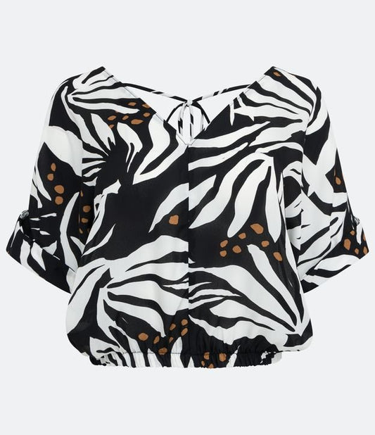 Black V-Neck Blouse with Leaf Print