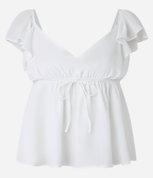 Boho Chic Chiffon Blouse with Ruffles and Tie in White