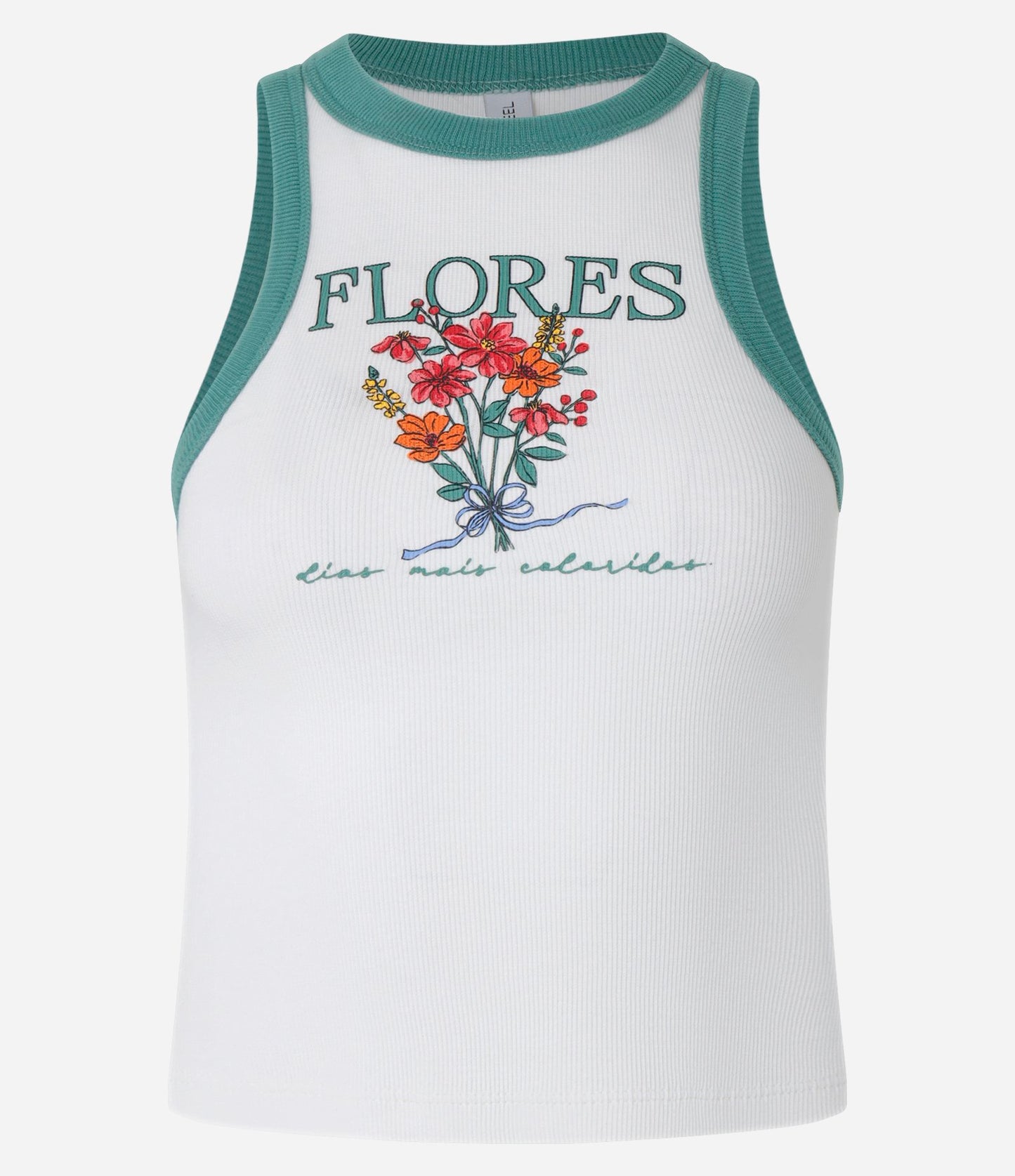 Cotton Tank Top with Contrasting Trim and White/Green Floral Print