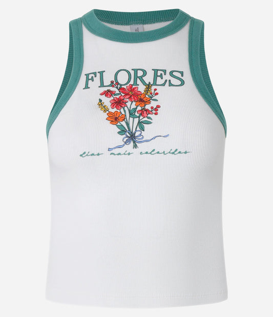 Cotton Tank Top with Contrasting Trim and White/Green Floral Print