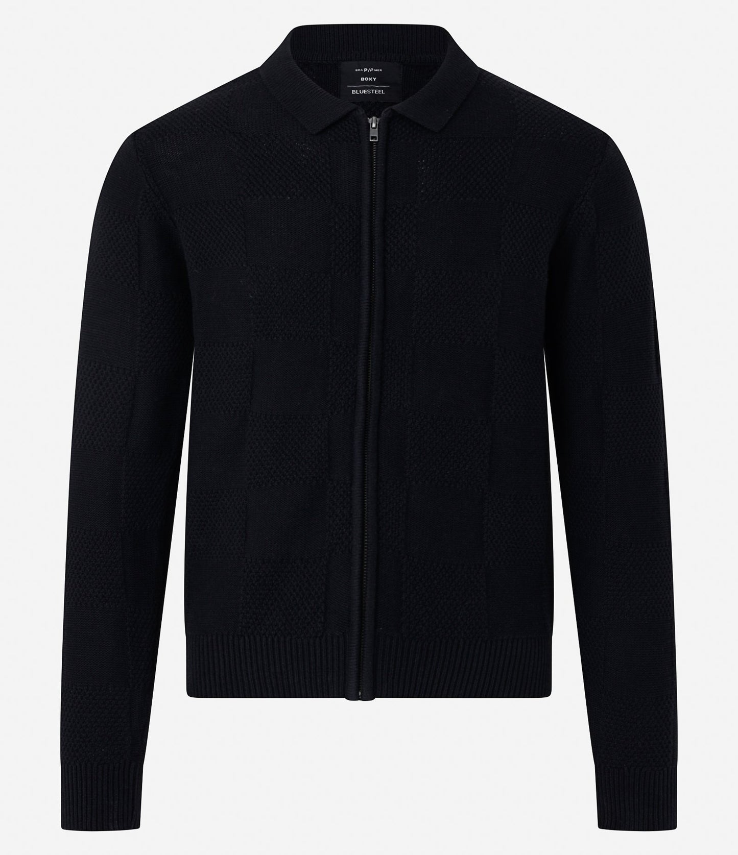 Suéter abierto de algodón gris oscuro con textura de cuadros escoceses