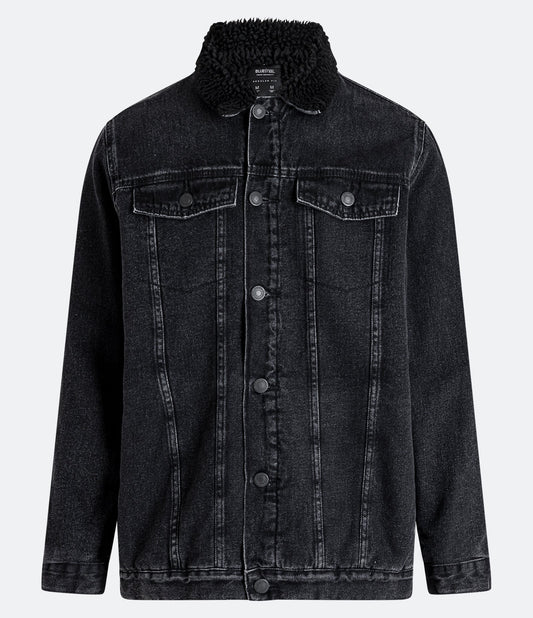 Black Sherpa-Lined Denim Trucker Jacket with Pockets