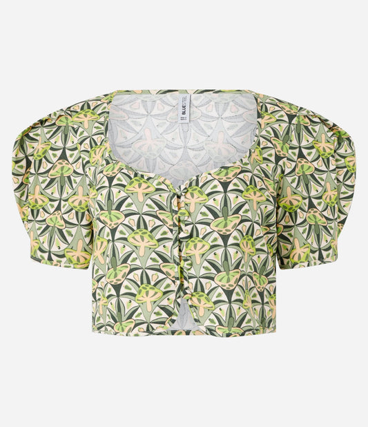 Blusa Cropped Estampada de Cogumelo Verde em Tecido Viscolinho