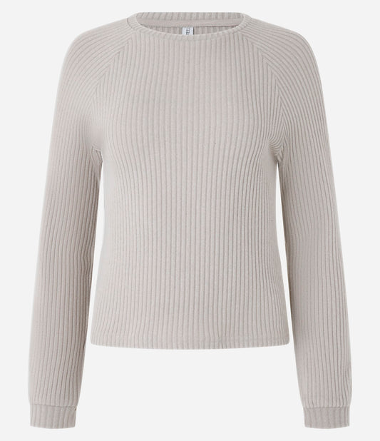 Top Bege Justo Canelado e Peludo com Mangas Raglan