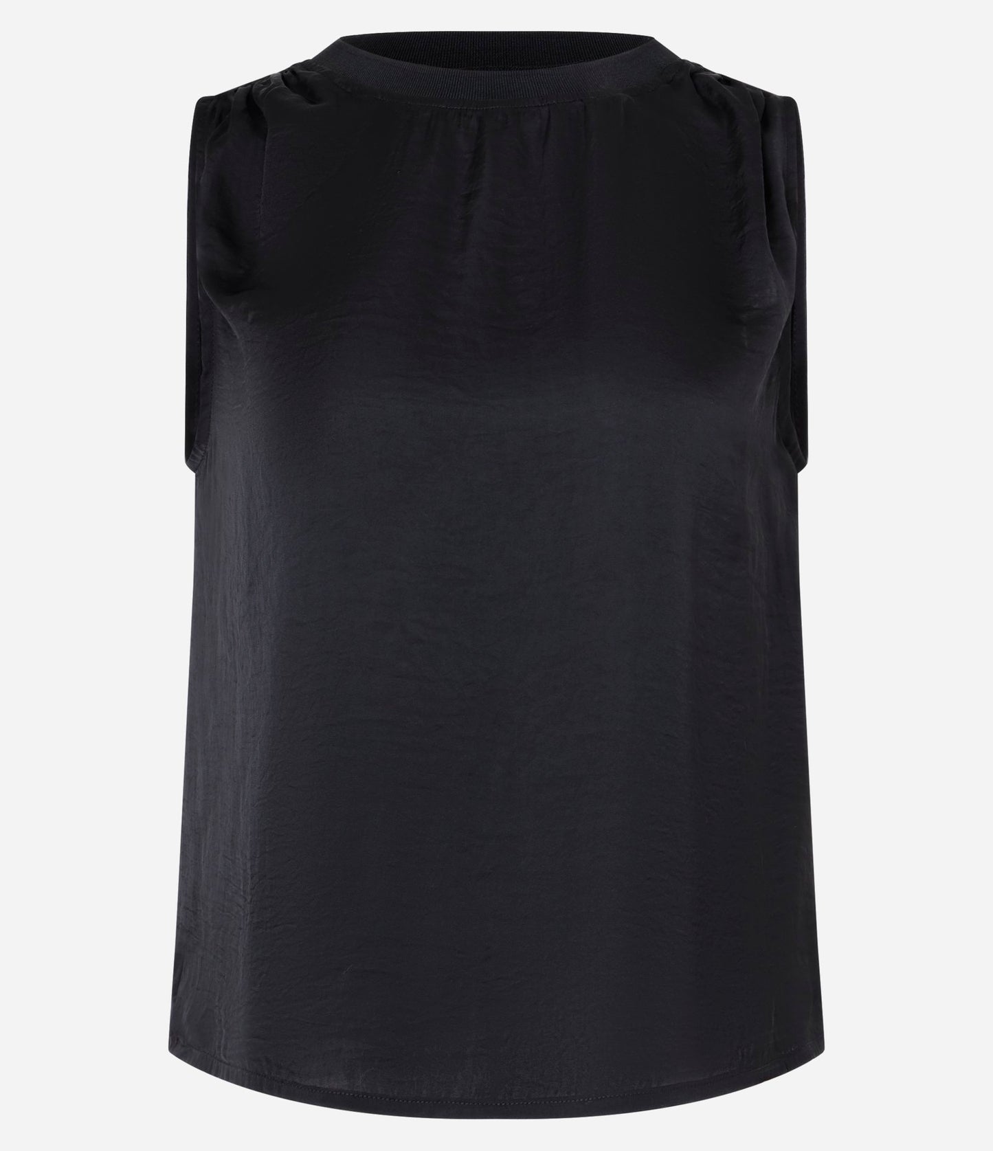 Blusa de Cetim Sem Mangas com Gola Redonda Canelada em Preto