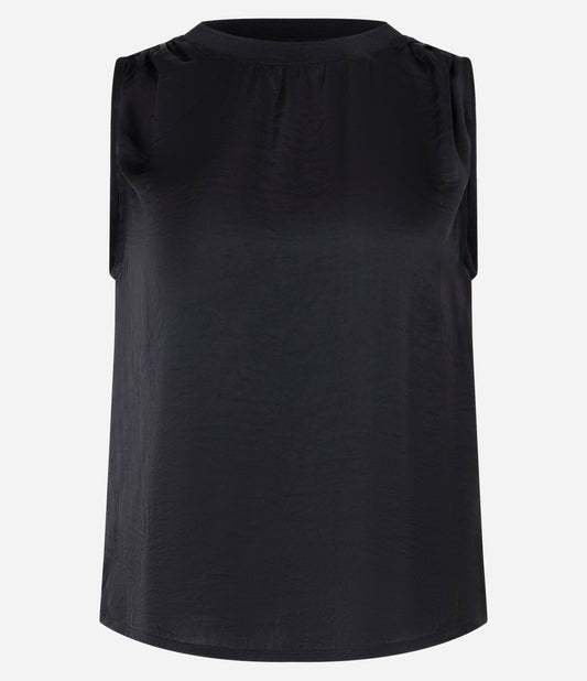 Blusa de Cetim Sem Mangas com Gola Redonda Canelada em Preto