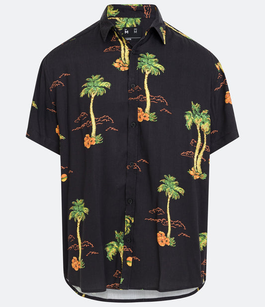 Camisa relajada de viscosa con estampado negro de sol tropical y palmeras