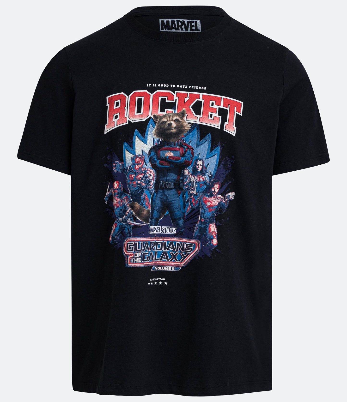Camiseta Regular Fit com estampa do Rocket dos Guardiões da Galáxia - Preta