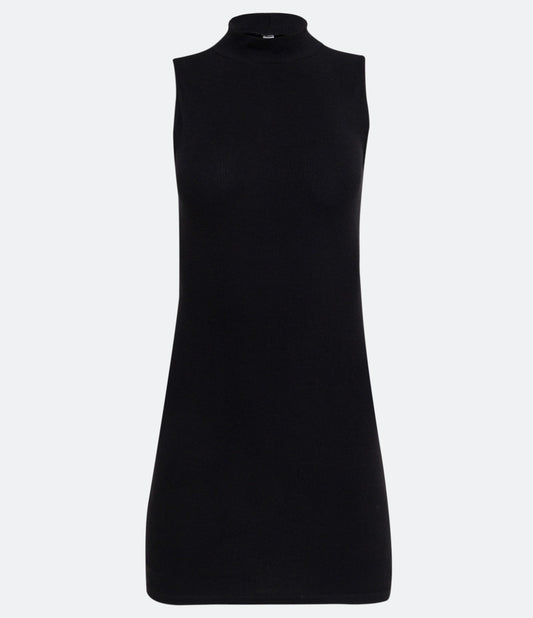 Vestido curto de algodão preto com gola alta