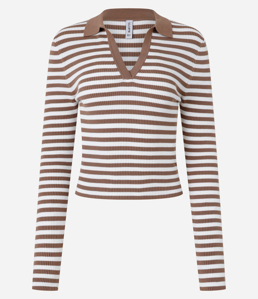 Jersey de punto con cuello de polo y rayas marrones