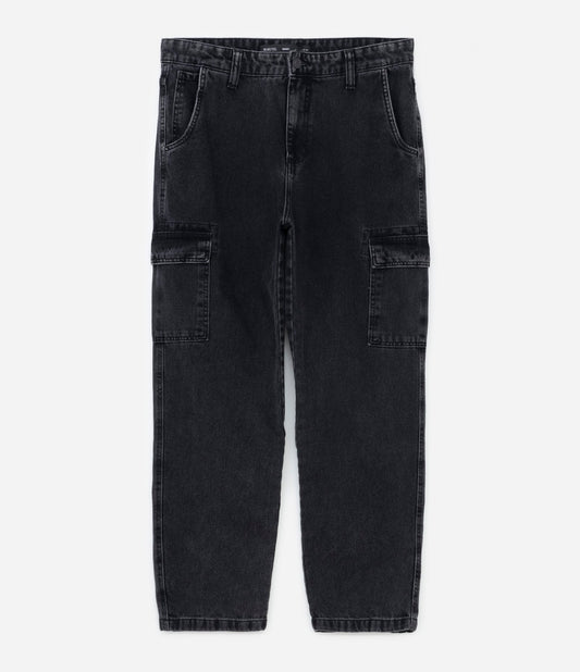 Jeans neri larghi con tasche cargo laterali