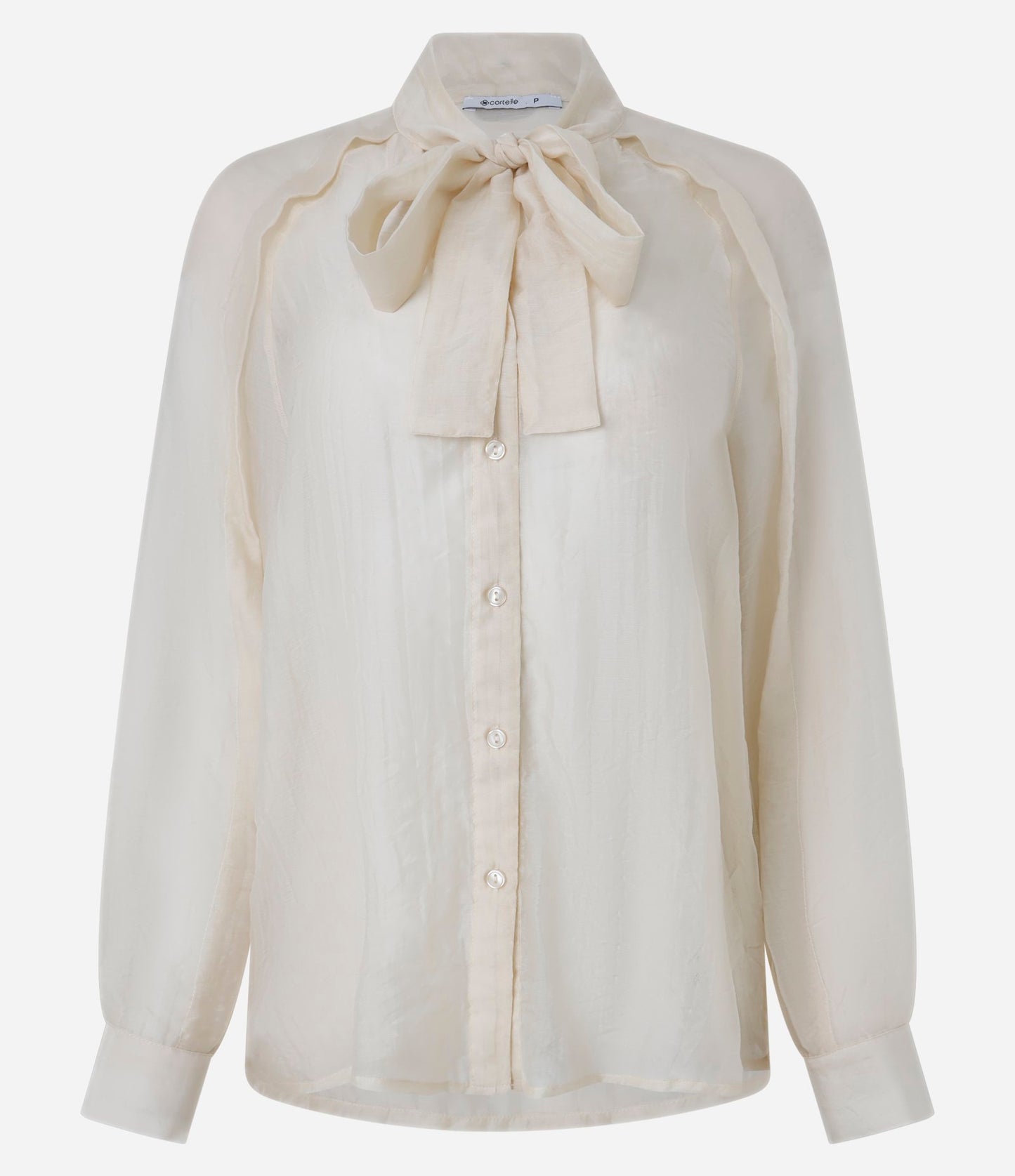 Blusa de gasa texturizada con cuello de lazo blanco roto
