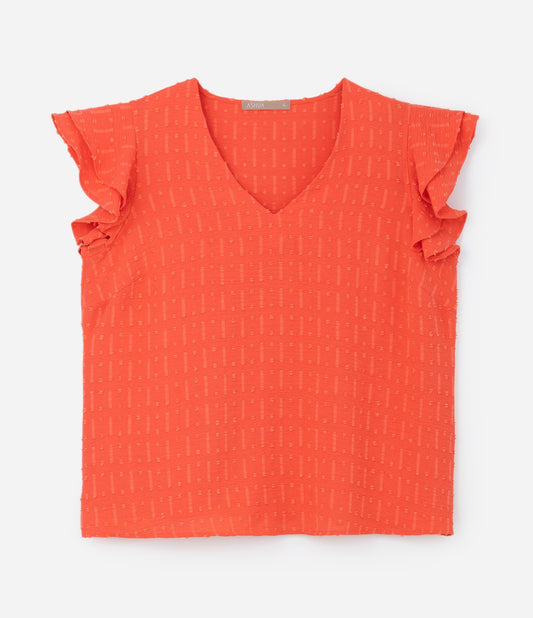 Blusa Air Flow de crepe texturizado laranja com mangas com babados - Curve e Plus Size