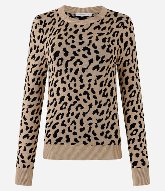 Beige Animal Print Knit Sweater with Shoulder Pads