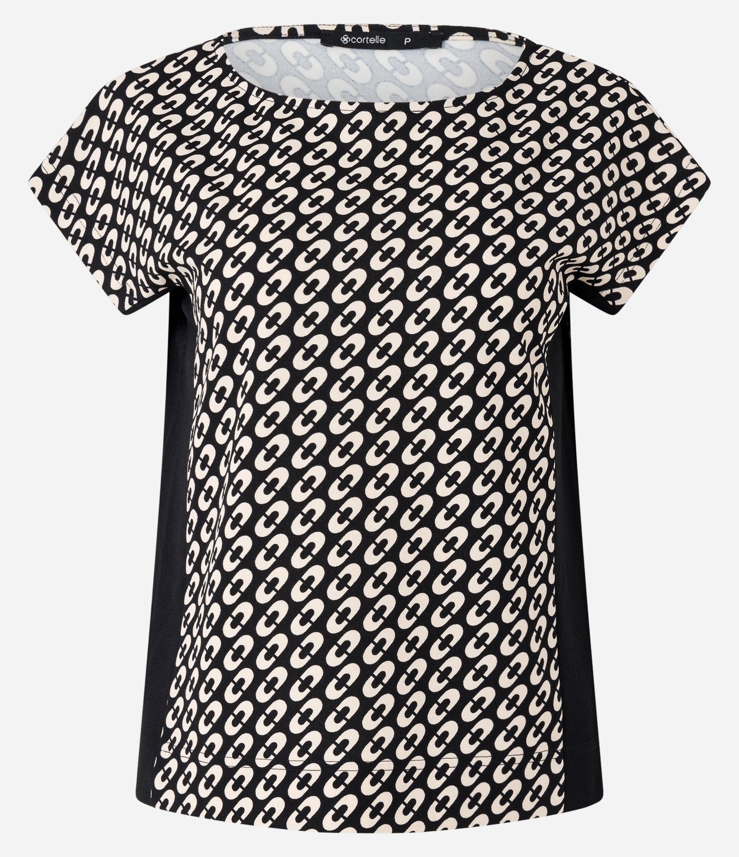 Blusa de Crepe com Contraste Lateral e Estampa Geométrica Preta