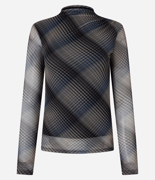 Blusa de Tul de Cuello Alto con Estampado de Cuadros Gris/Negro/Azul