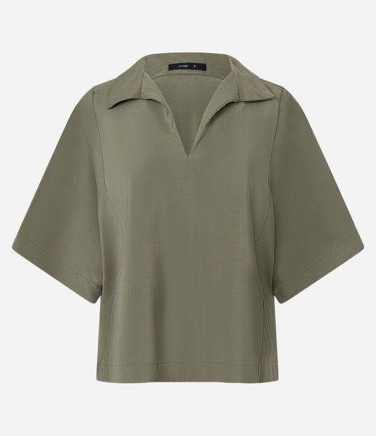 Blusa de Viscosa Verde Oliva con Recorte y Mangas Anchas