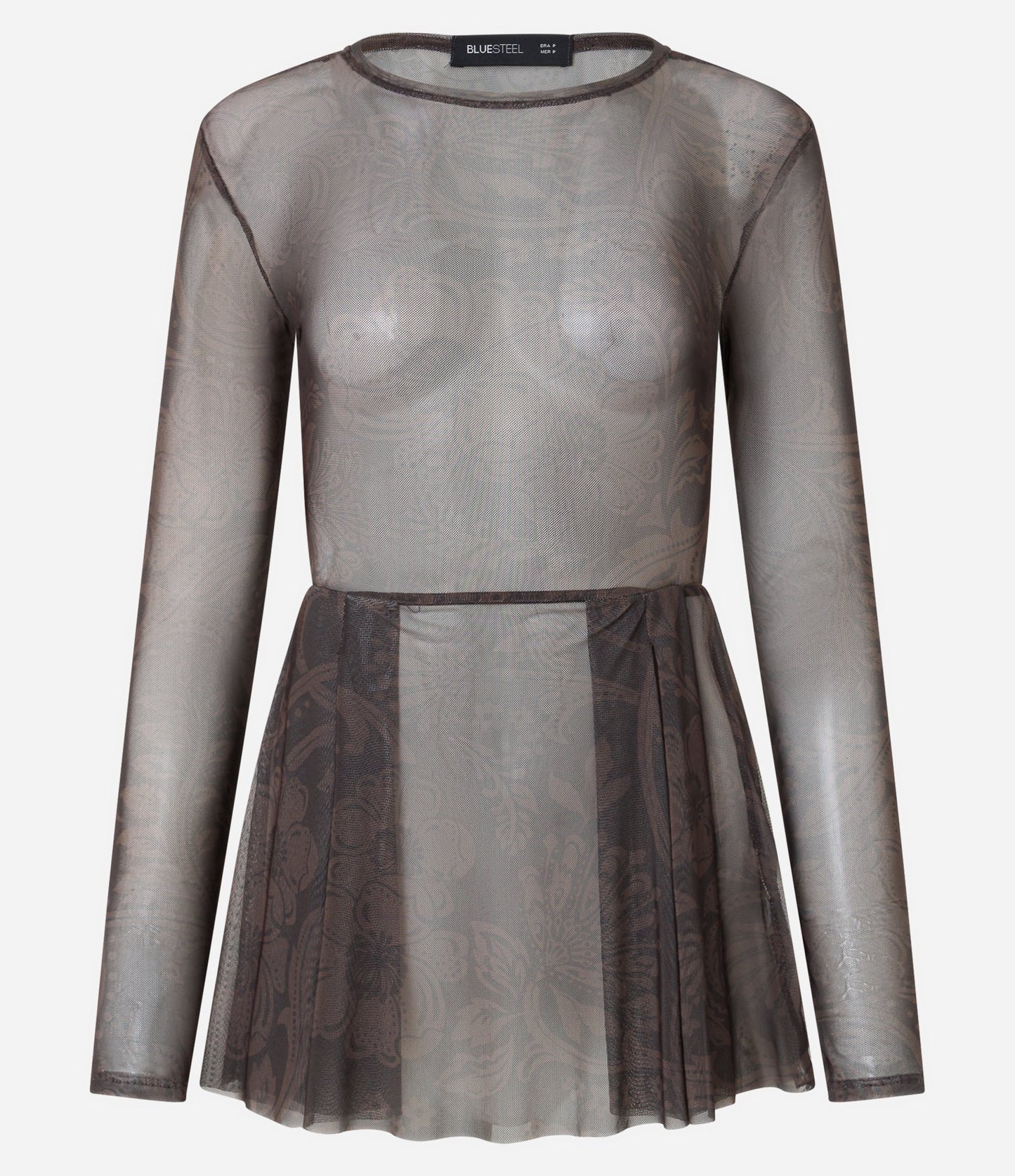 Camicetta nera a manica lunga in tulle con volant e peplum