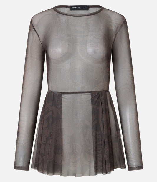 Camicetta nera a manica lunga in tulle con volant e peplum