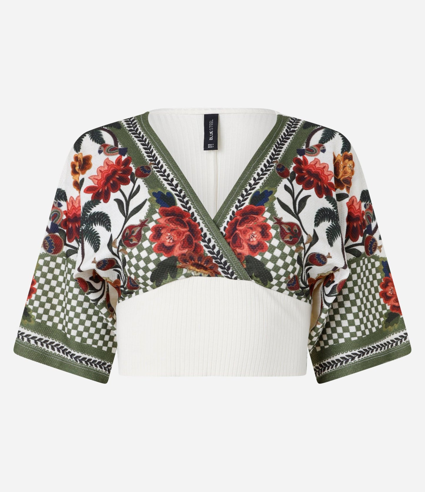 Camicetta cropped testurizzata con stampa floreale e plaid Off-White