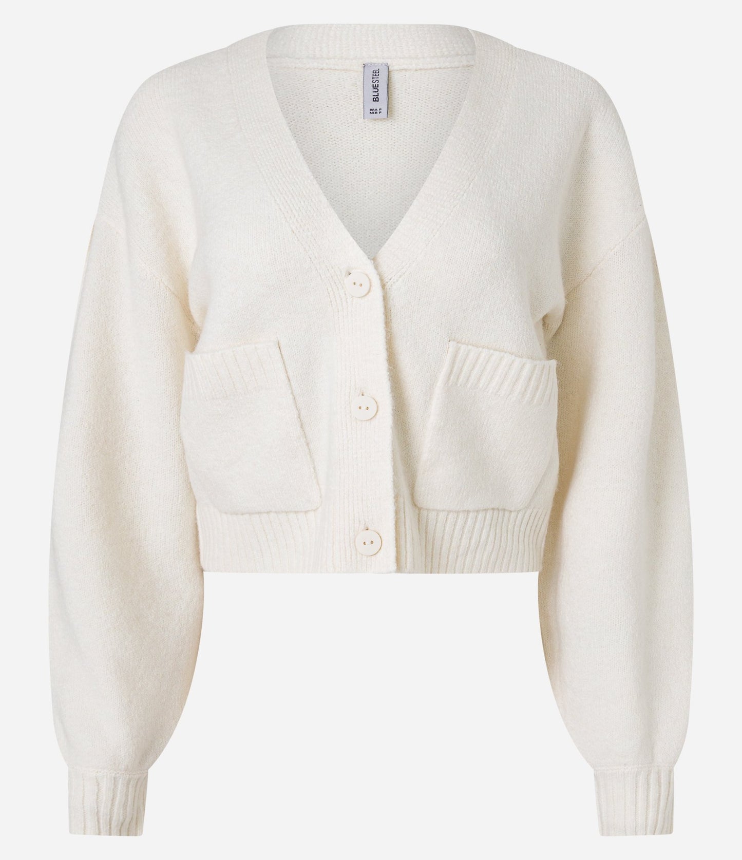 Cardigan corto in maglia con bottoni e taschini in beige crema