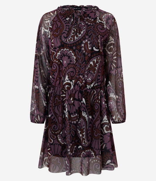 Vestito corto in tulle con stampa Paisley e dettaglio cravatta nera