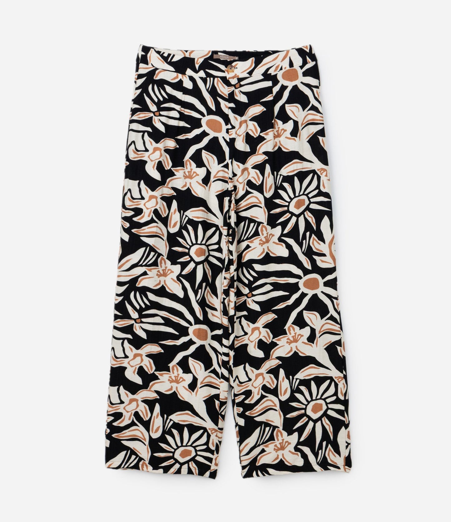 Pantaloni in crêpe a gamba tesa con stampa floreale Curve e taglie forti Nero/Beige/Marrone