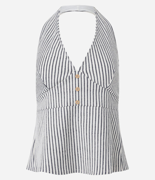 Top sin mangas texturizado con rayas y botones en blanco roto