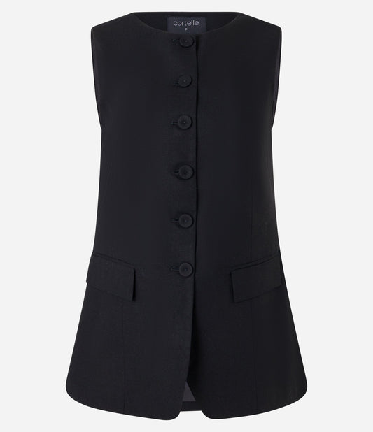 Chaleco Largo en Mezcla de Viscosa y Lino con Botones Cubiertos y Solapas Negras