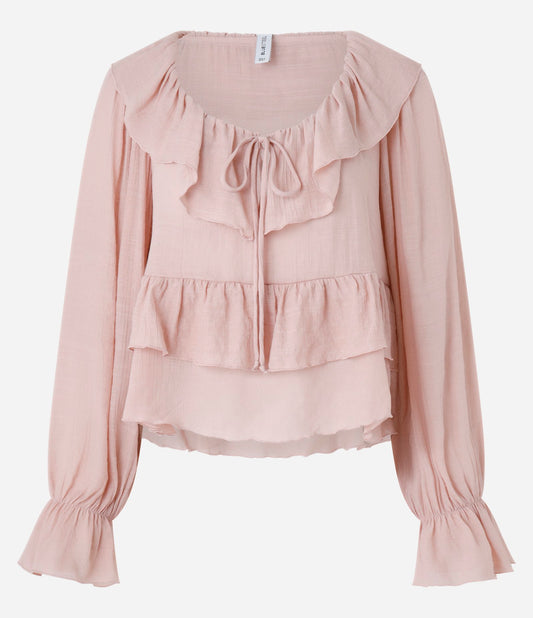 Camicetta rosa in chiffon con cravatta e volant