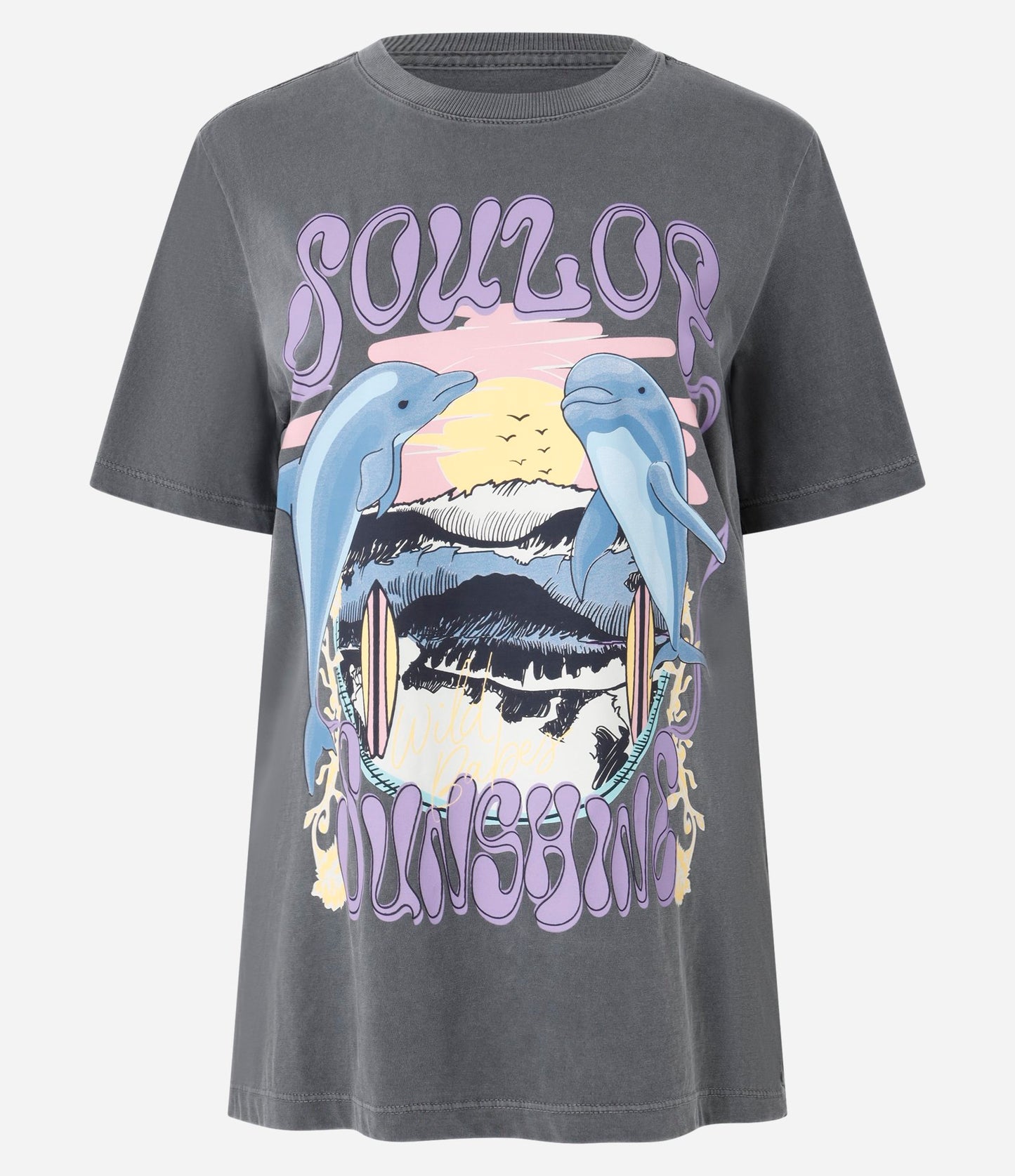 Gray Cotton T-Shirt with Sunshine Dolphin Print