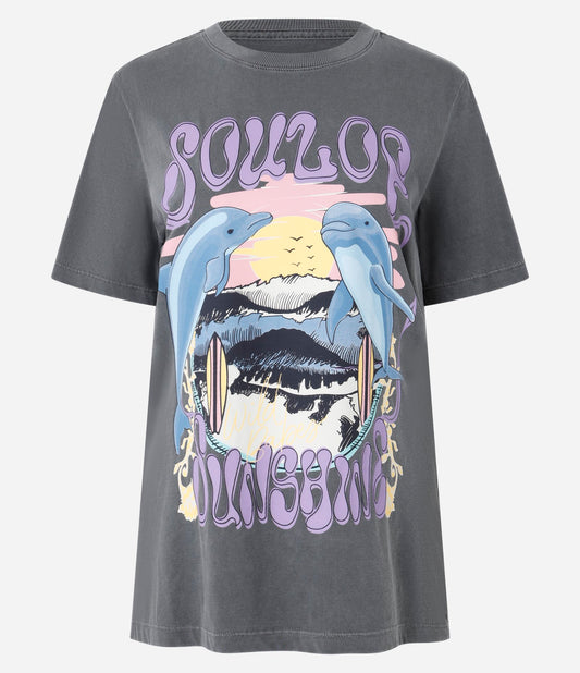 Gray Cotton T-Shirt with Sunshine Dolphin Print